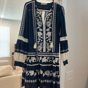 Tory Burch Navy Blue and Cream Embroidered Long Sleeve Dress